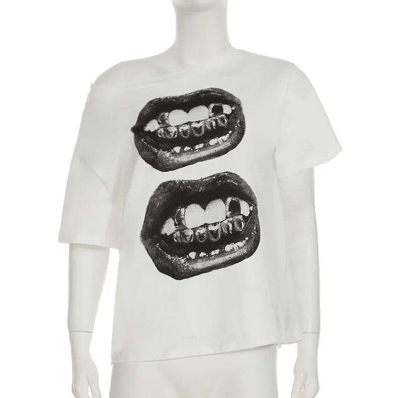 American Street Hip Hop Mouth Print Loose T-shirt Women Personalized Casual Top