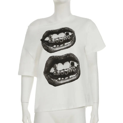 American Street Hip Hop Mouth Print Loose T-shirt Women Personalized Casual Top