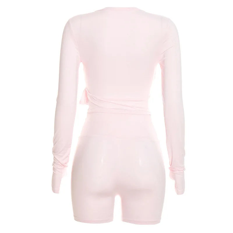 Autumn New Women Two Piece Set Solid Color Wrap Tie Long Sleeve Top Shorts Casual Outfit Suit
