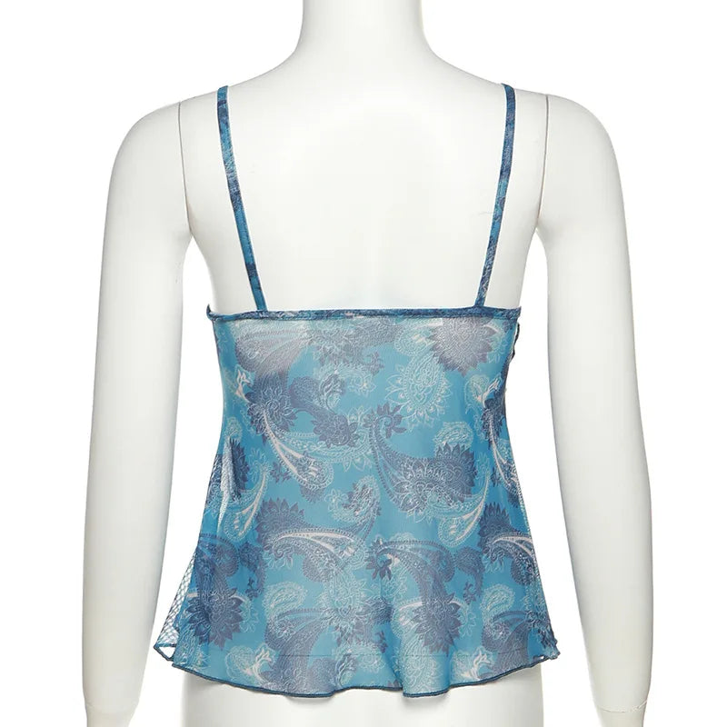 Mesh See Through Printed Vest Women Sexy Casual V-neck Sleeveless Suspender Camisole Patchwork Tank Top Streetwear