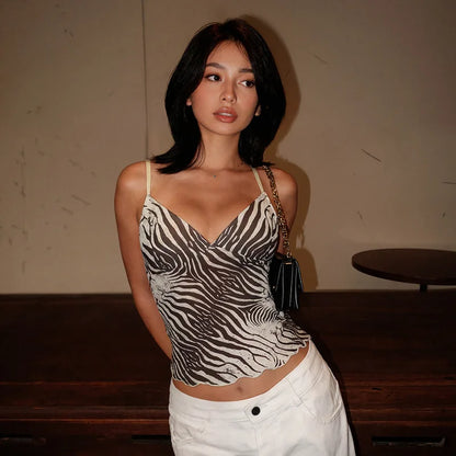 Women Summer Mesh Zebra Print V Neck Mesh Cami Tops