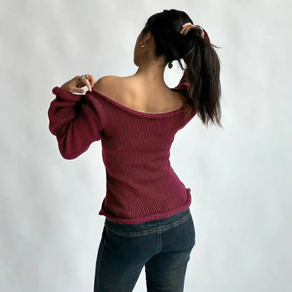 Casual Pullover Women Long Sleeve Y2K Knitted Sweater Tops Sexy Off Shoulder Club Fashion 2025 Winter Jumpers Sweater
