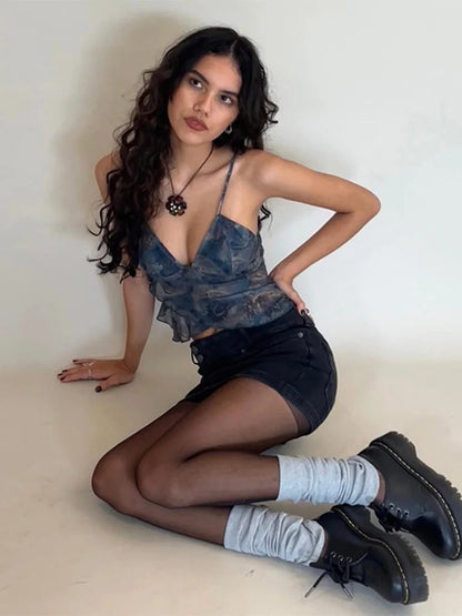 Mesh See Through Printed Vest Women Sexy Casual V-neck Sleeveless Suspender Camisole Patchwork Tank Top Streetwear