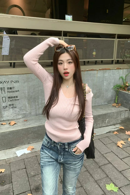 2025 Women's Suspender Pink Sweater Fake Two V-neck Pure Desire Base Knitted Sweater