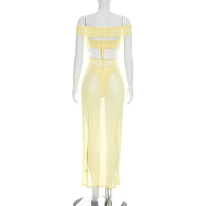 Women Summer Sexy Bandeau Mesh Perspective Split Long Dress Set Sheer See Through 2 Piece Outfit