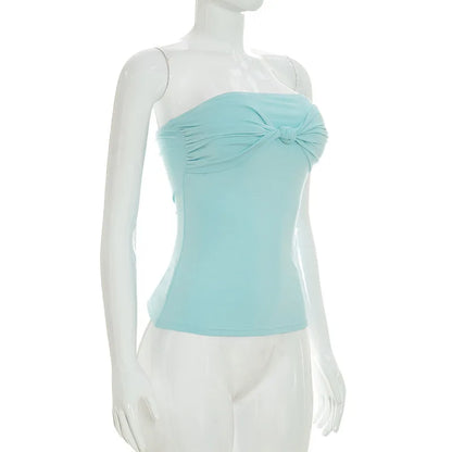 Women Solid Color Strapless Tube Top Sexy Tie Front Waist Shaping Crop T-shirt Summer Beach Vacation Spicy Girl Slim Fit Sleevel