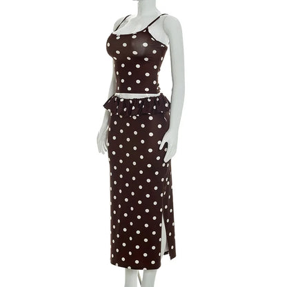 2026 Summer Women Hot Girl Polka Dot Cami Skirt Set Ruffle Split Hem Midi Skirt Two Piece Outfit Trendy Female Holiday Beach Mat