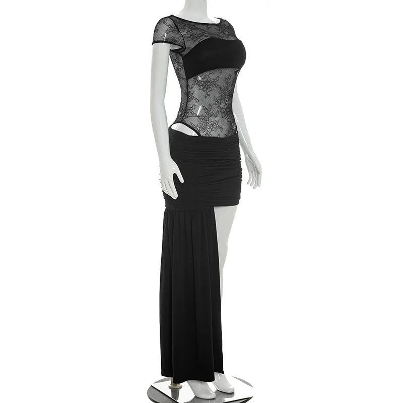 Spring Summer Women 2 Piece Dress Set Sexy Lace Patchwork Ruffle Ribbon Skirt Outfit Party Dress