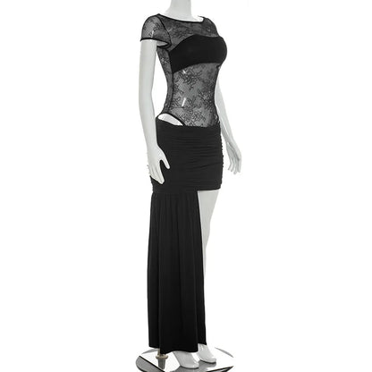 Spring Summer Women 2 Piece Dress Set Sexy Lace Patchwork Ruffle Ribbon Skirt Outfit Party Dress