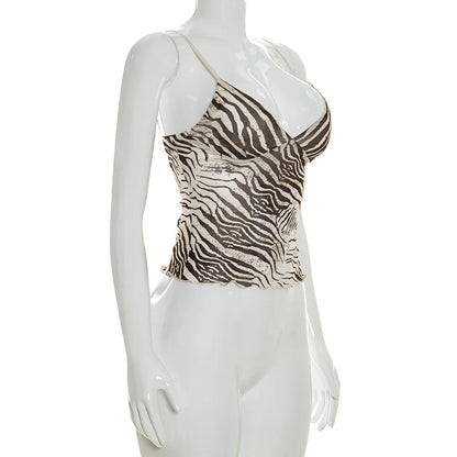 Women Summer Mesh Zebra Print V Neck Mesh Cami Tops
