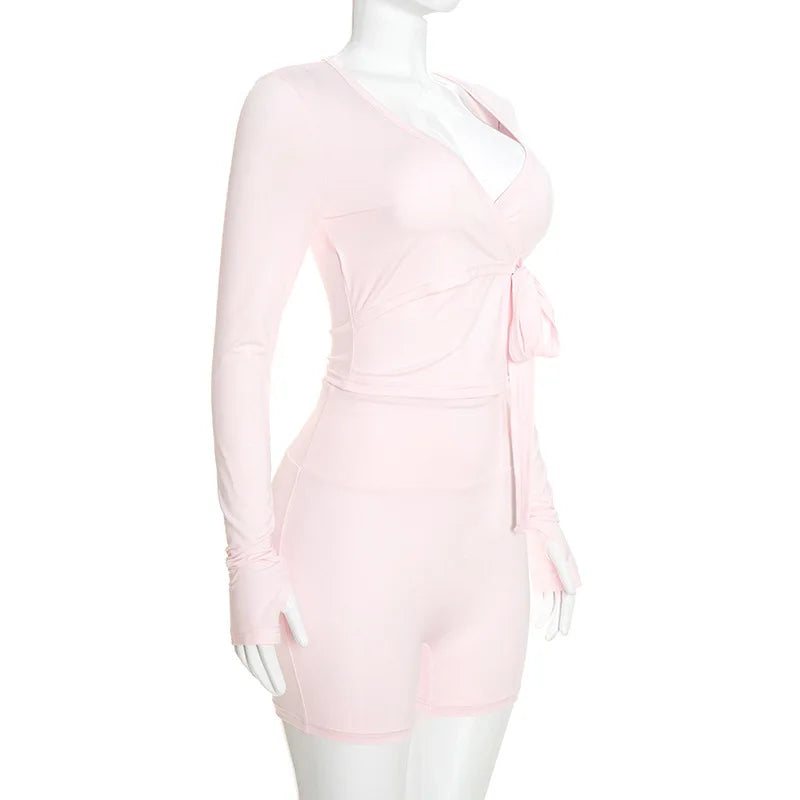 Autumn New Women Two Piece Set Solid Color Wrap Tie Long Sleeve Top Shorts Casual Outfit Suit