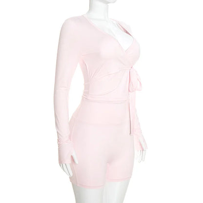 Autumn New Women Two Piece Set Solid Color Wrap Tie Long Sleeve Top Shorts Casual Outfit Suit