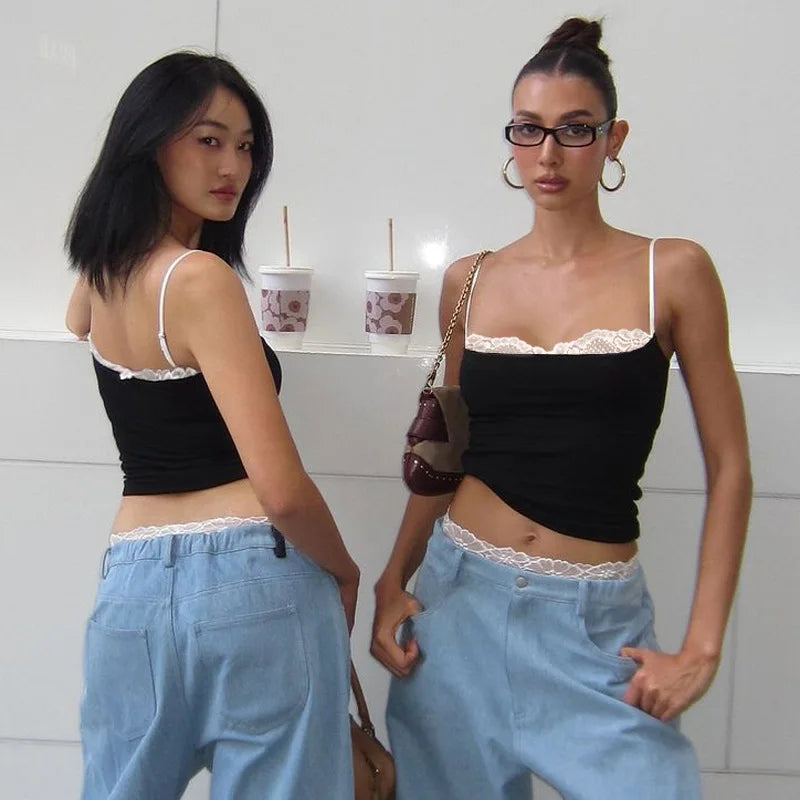 Women Y2K Sexy Color Block Splicing Off Shoulder Fake Two Piece Cami Top