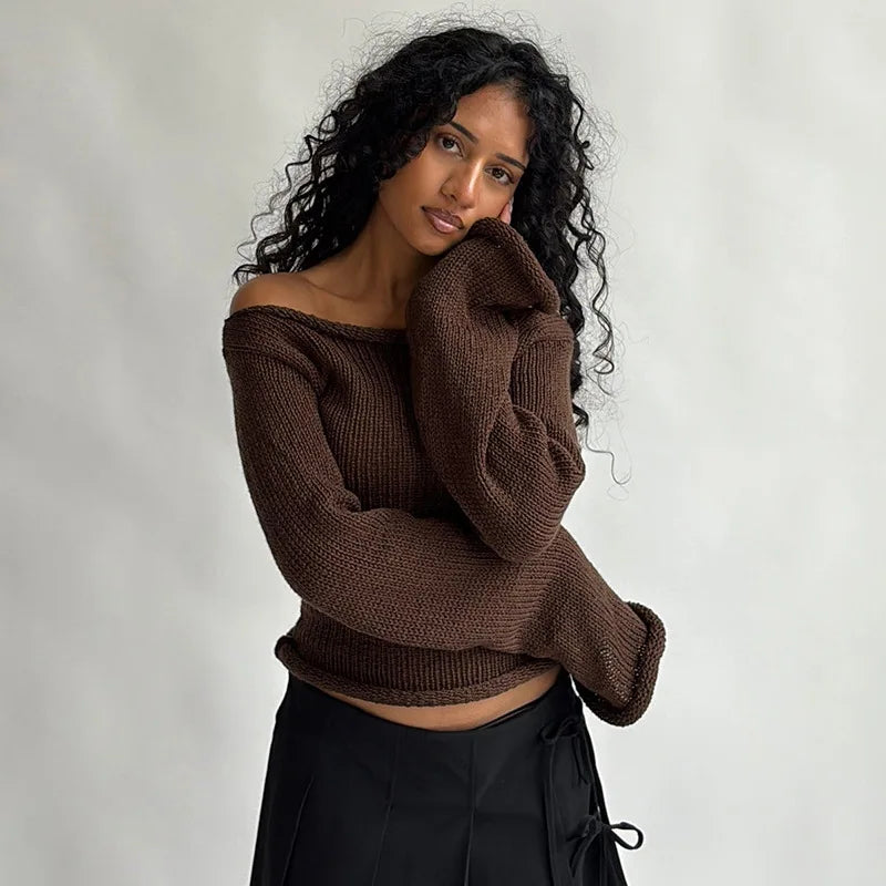Casual Pullover Women Long Sleeve Y2K Knitted Sweater Tops Sexy Off Shoulder Club Fashion 2025 Winter Jumpers Sweater