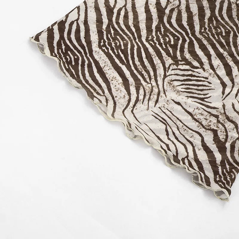 Women Summer Mesh Zebra Print V Neck Mesh Cami Tops