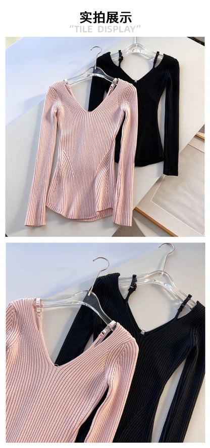 2025 Women's Suspender Pink Sweater Fake Two V-neck Pure Desire Base Knitted Sweater
