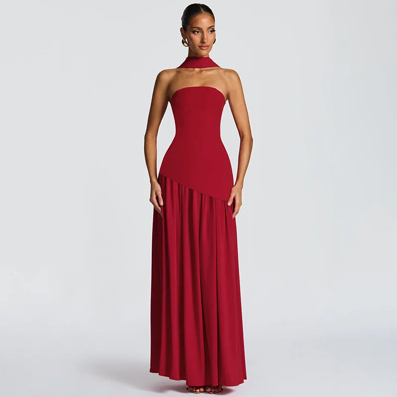 Women Solid Color Strapless Dress Slim Fit Split Backless Elegant Ribbon Midi Dress Fashion Evening Party Formal Dresses