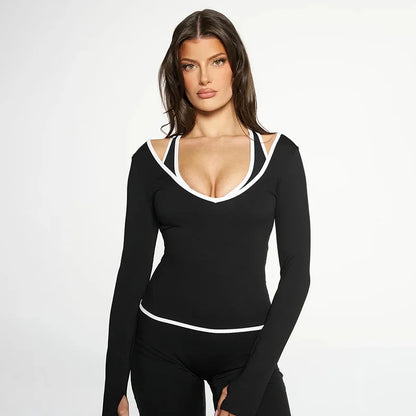 Cross Border Autumn Women's Clothing From Europe And America, New Color Blocking V-neck Long Sleeved Straight Leg Pants Set For