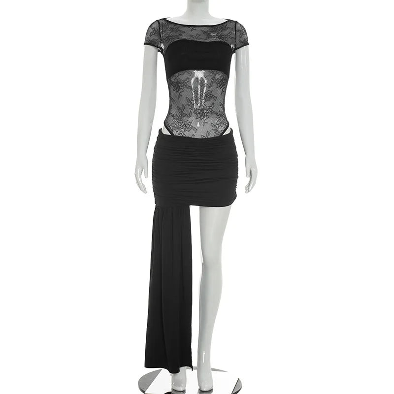 Spring Summer Women 2 Piece Dress Set Sexy Lace Patchwork Ruffle Ribbon Skirt Outfit Party Dress