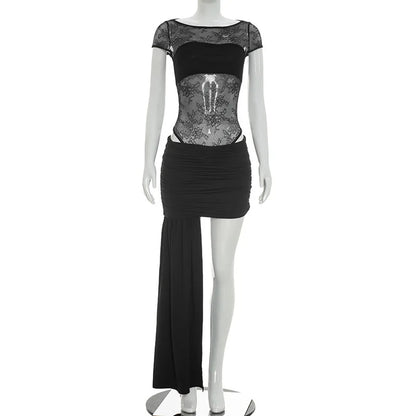 Spring Summer Women 2 Piece Dress Set Sexy Lace Patchwork Ruffle Ribbon Skirt Outfit Party Dress