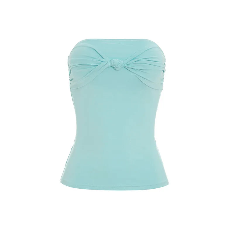 Women Solid Color Strapless Tube Top Sexy Tie Front Waist Shaping Crop T-shirt Summer Beach Vacation Spicy Girl Slim Fit Sleevel