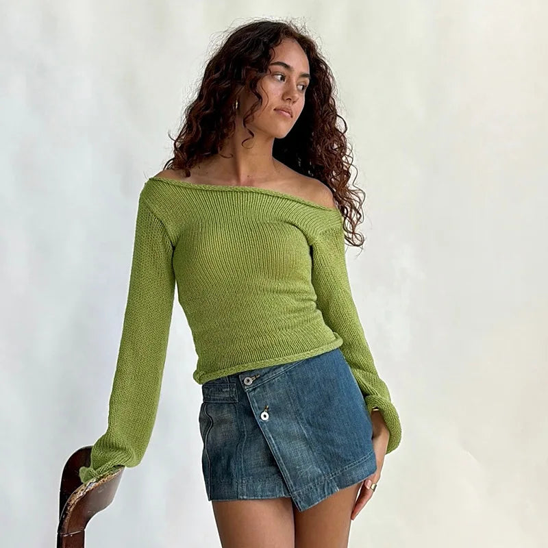 Casual Pullover Women Long Sleeve Y2K Knitted Sweater Tops Sexy Off Shoulder Club Fashion 2025 Winter Jumpers Sweater