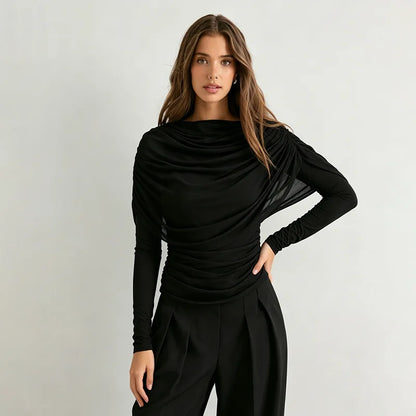 2026 Spring Summer Women Long Sleeve T-Shirt Draped Collar Pleated Shawl Slim Fit Stretch Tops Elegant Casual Daily Wear Top