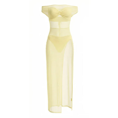 Women Summer Sexy Bandeau Mesh Perspective Split Long Dress Set Sheer See Through 2 Piece Outfit