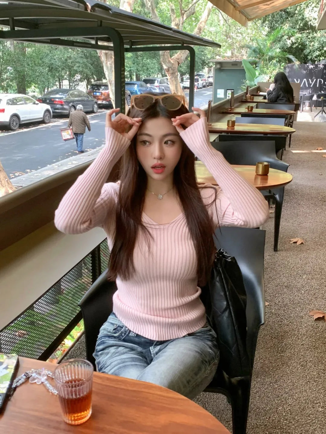 2025 Women's Suspender Pink Sweater Fake Two V-neck Pure Desire Base Knitted Sweater