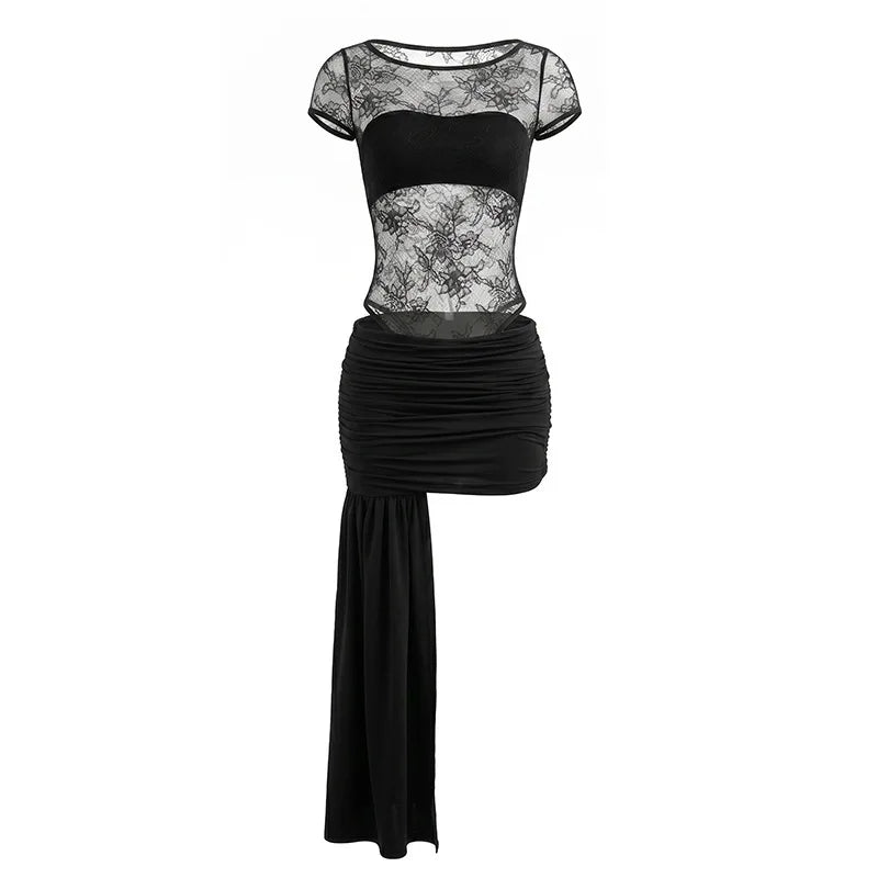 Spring Summer Women 2 Piece Dress Set Sexy Lace Patchwork Ruffle Ribbon Skirt Outfit Party Dress