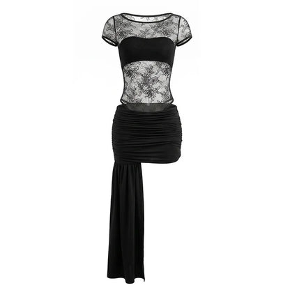 Spring Summer Women 2 Piece Dress Set Sexy Lace Patchwork Ruffle Ribbon Skirt Outfit Party Dress
