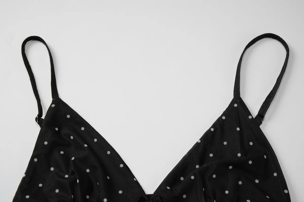 2026 Summer Women Sexy V Neck Polka Dot Mesh Spliced Camisole Slim Fit Sleeveless Tank Tops Casual Vest