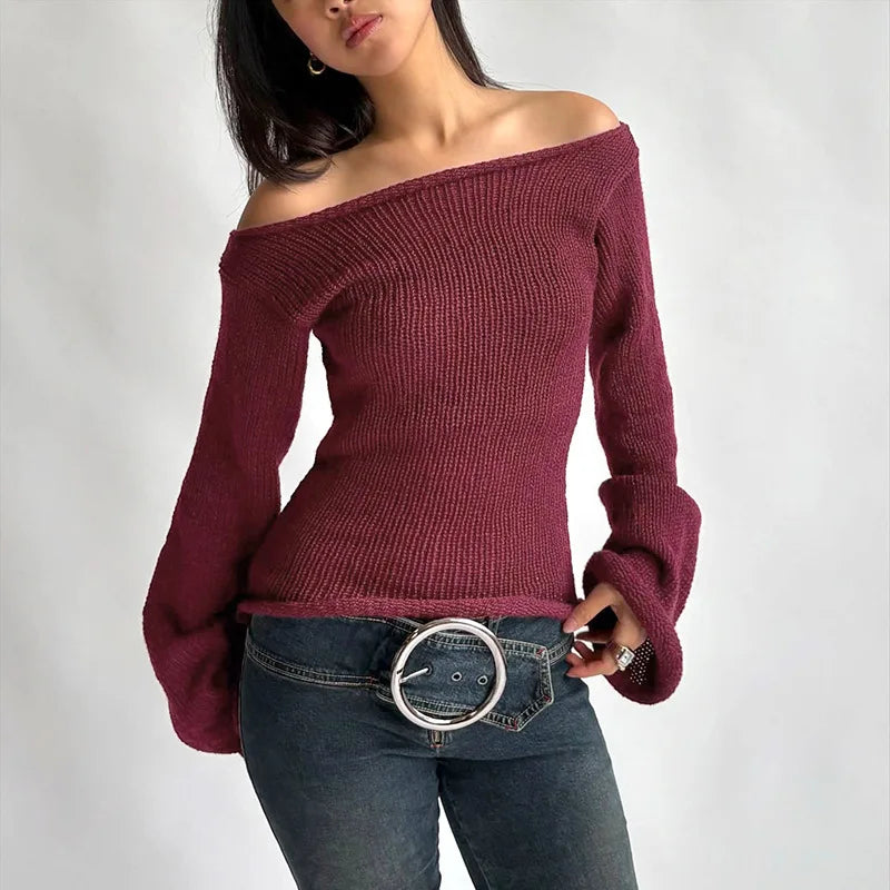 Casual Pullover Women Long Sleeve Y2K Knitted Sweater Tops Sexy Off Shoulder Club Fashion 2025 Winter Jumpers Sweater