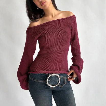 Casual Pullover Women Long Sleeve Y2K Knitted Sweater Tops Sexy Off Shoulder Club Fashion 2025 Winter Jumpers Sweater
