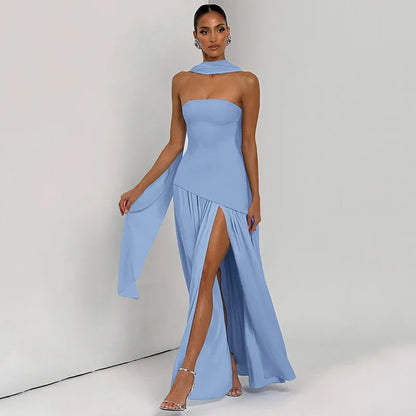 Women Solid Color Strapless Dress Slim Fit Split Backless Elegant Ribbon Midi Dress Fashion Evening Party Formal Dresses
