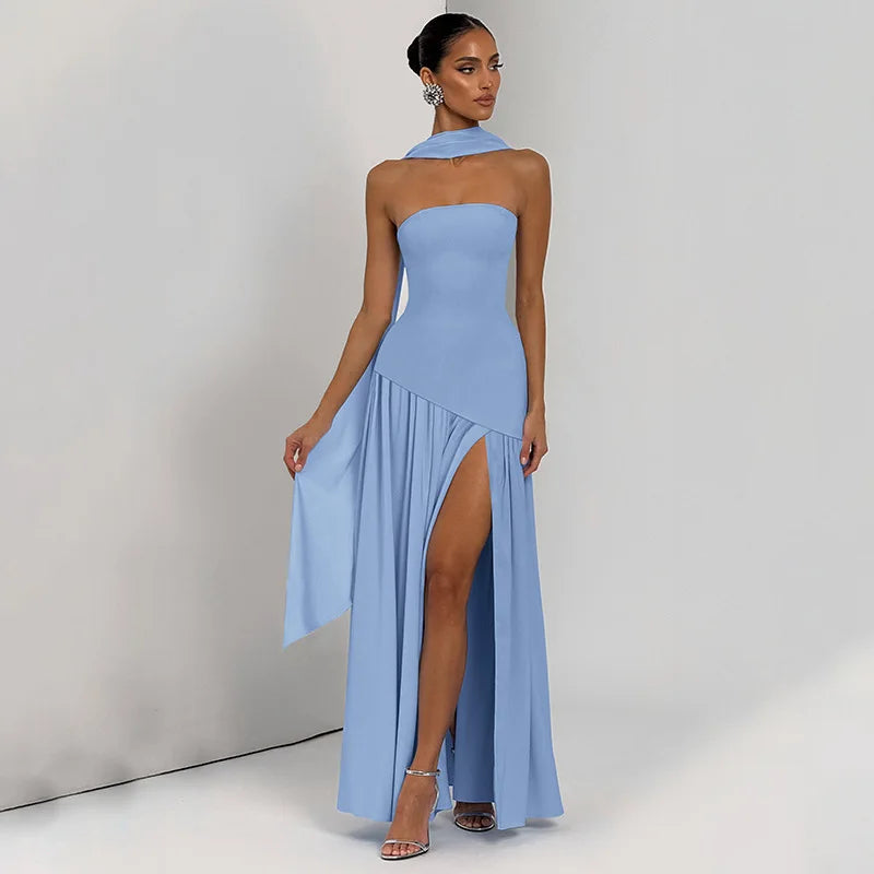 Women Solid Color Strapless Dress Slim Fit Split Backless Elegant Ribbon Midi Dress Fashion Evening Party Formal Dresses