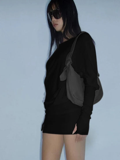 Off Shoulder Sexy Mini Dress Women Oblique Neck Long Sleeve Bodycon Dress Fall Winter Sexy Short Party Club Dresses