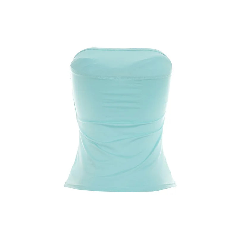 Women Solid Color Strapless Tube Top Sexy Tie Front Waist Shaping Crop T-shirt Summer Beach Vacation Spicy Girl Slim Fit Sleevel