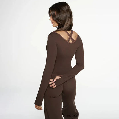 Cross Border Autumn Women's Clothing From Europe And America, New Color Blocking V-neck Long Sleeved Straight Leg Pants Set For
