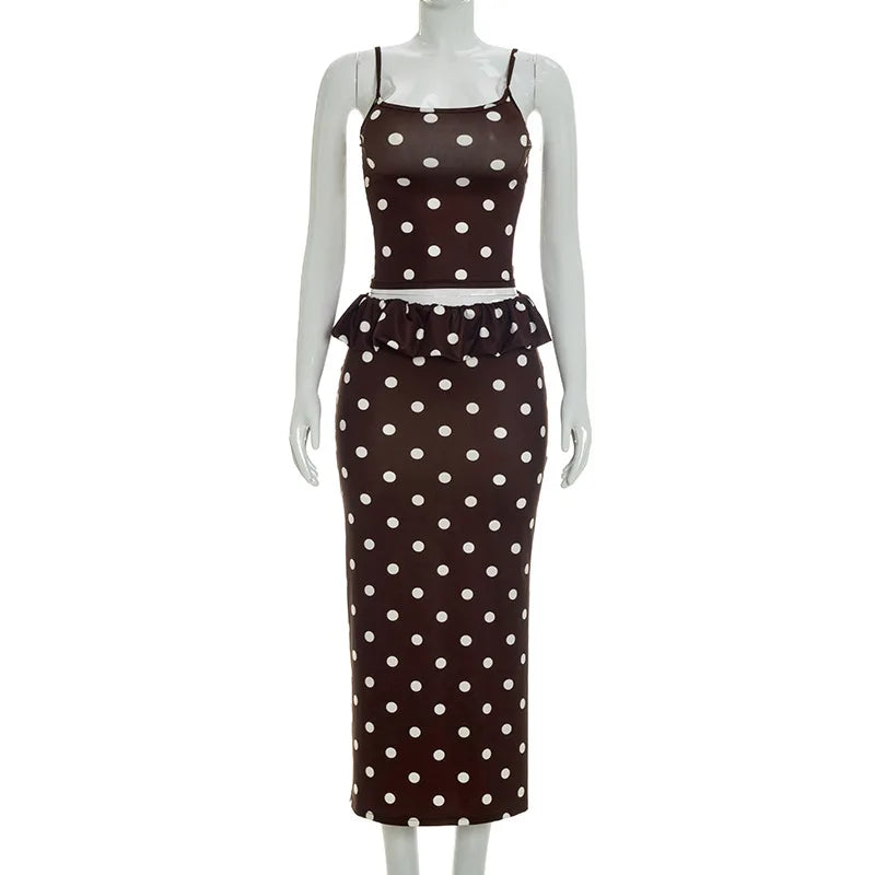 2026 Summer Women Hot Girl Polka Dot Cami Skirt Set Ruffle Split Hem Midi Skirt Two Piece Outfit Trendy Female Holiday Beach Mat