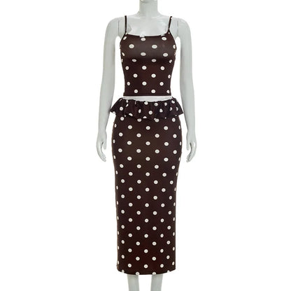 2026 Summer Women Hot Girl Polka Dot Cami Skirt Set Ruffle Split Hem Midi Skirt Two Piece Outfit Trendy Female Holiday Beach Mat