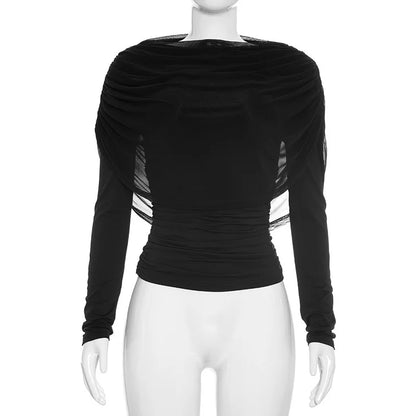 2026 Spring Summer Women Long Sleeve T-Shirt Draped Collar Pleated Shawl Slim Fit Stretch Tops Elegant Casual Daily Wear Top