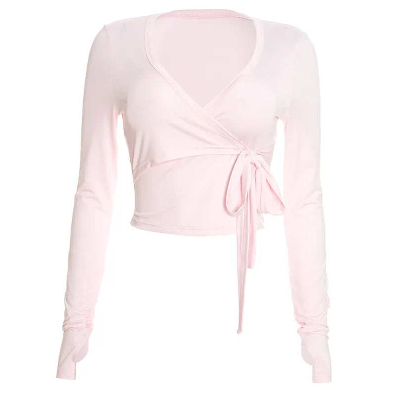Autumn New Women Two Piece Set Solid Color Wrap Tie Long Sleeve Top Shorts Casual Outfit Suit