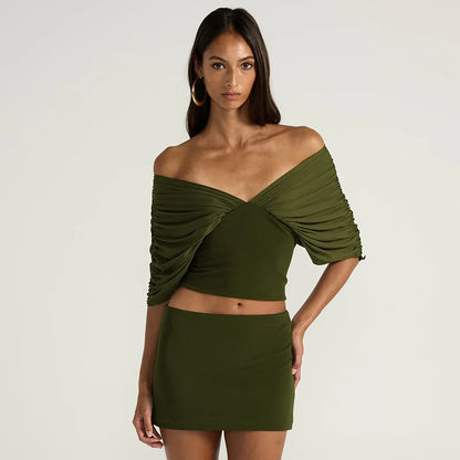 Summer Vintage Elegant 2 Piece Set Women One Shoulder Off Backless Ruched Waist Pleated Casual Suit
