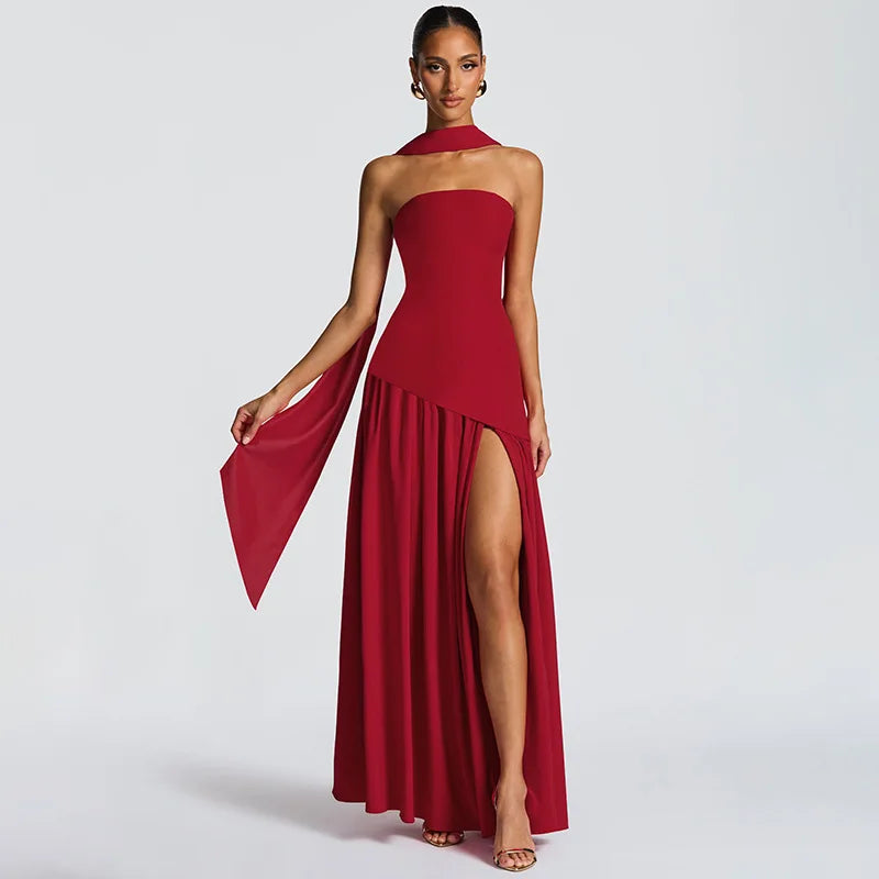 Women Solid Color Strapless Dress Slim Fit Split Backless Elegant Ribbon Midi Dress Fashion Evening Party Formal Dresses