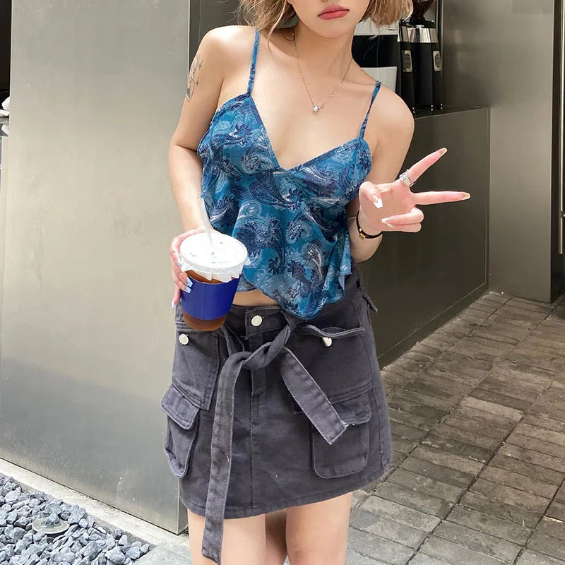 Mesh See Through Printed Vest Women Sexy Casual V-neck Sleeveless Suspender Camisole Patchwork Tank Top Streetwear