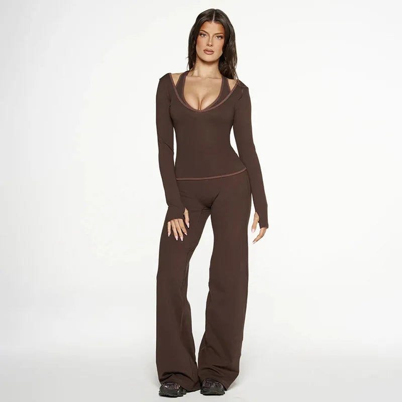 Cross Border Autumn Women's Clothing From Europe And America, New Color Blocking V-neck Long Sleeved Straight Leg Pants Set For