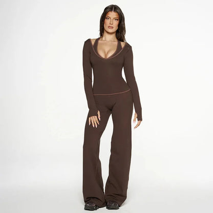 Cross Border Autumn Women's Clothing From Europe And America, New Color Blocking V-neck Long Sleeved Straight Leg Pants Set For