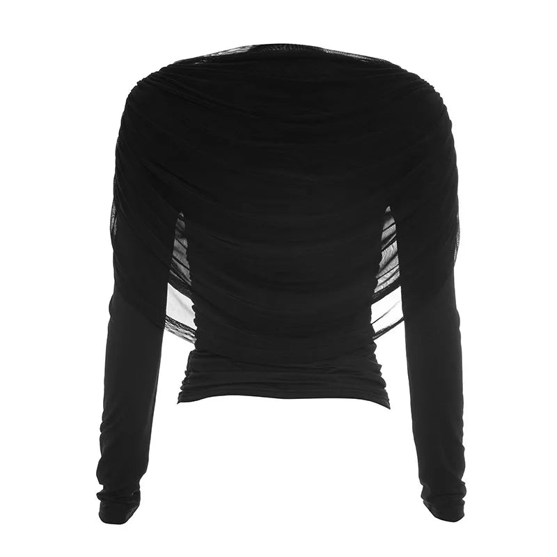 2026 Spring Summer Women Long Sleeve T-Shirt Draped Collar Pleated Shawl Slim Fit Stretch Tops Elegant Casual Daily Wear Top