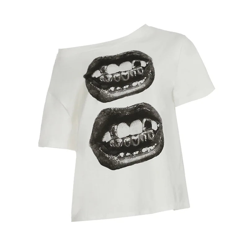 American Street Hip Hop Mouth Print Loose T-shirt Women Personalized Casual Top
